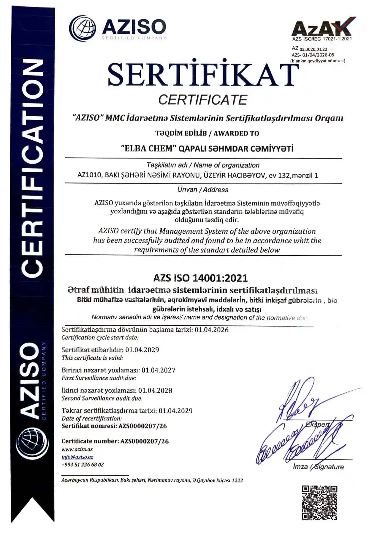 ISO 14001:2021 — ELBA CHEM sertifikatı