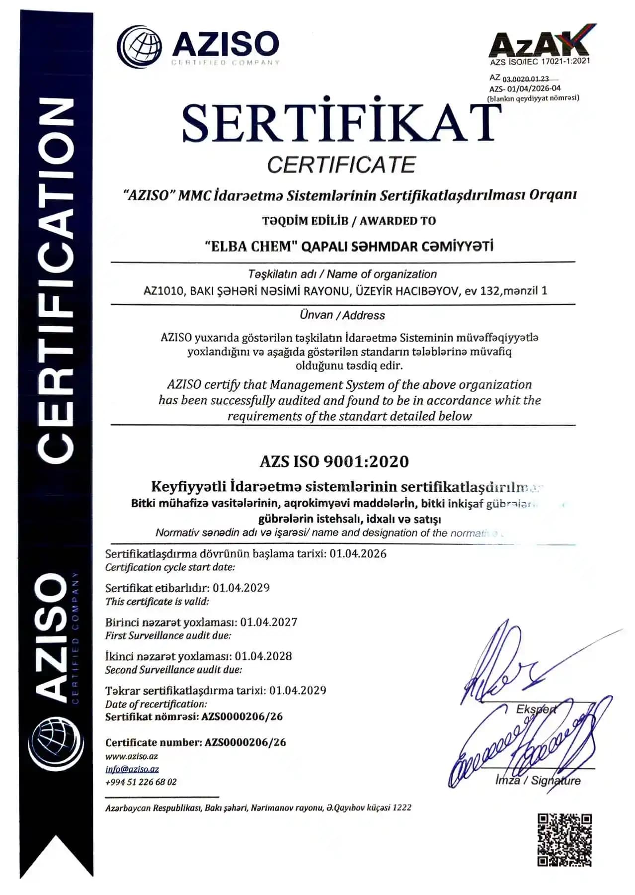 ISO 9001:2020 — ELBA CHEM sertifikatı